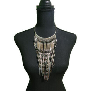 NWT CHICOS SKYLAR Statement Bib Necklace Fringe Cascade Black Bead Silver Tone